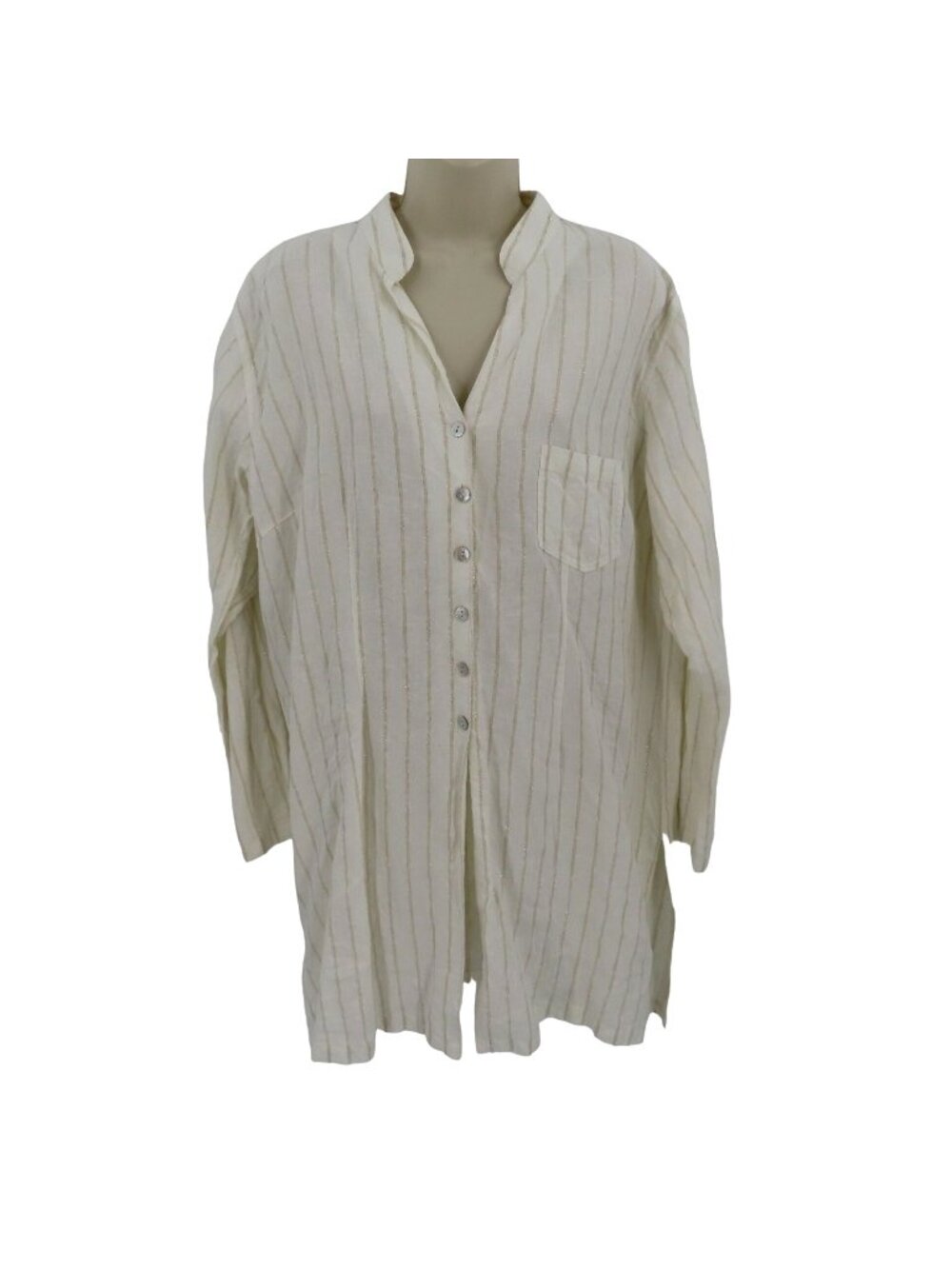 Chicos Size 3 Womens Ivory Gold Metallic Linen Blend Striped Button Shirt Top